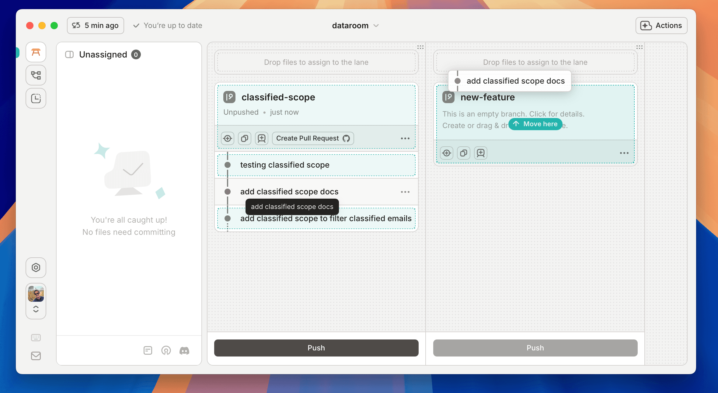 Drag one commit on top of another to squash, above or below to reorder, or to another branch to move it.